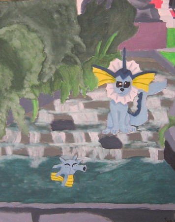 Vaporeon ja Horsea vesi portailla