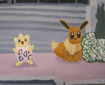 Togepi ja Eevee Kuopion musiikkikeskuksen portailla